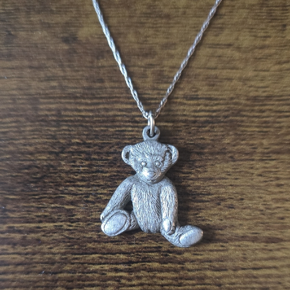 Vintage Pewter Teddy Bear Pendant Necklace